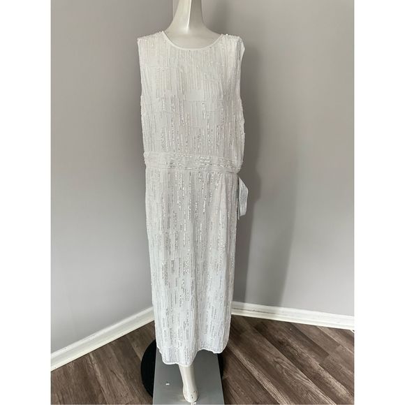 MAC DUGGAL ABSTRACT BEADED SLEEVELESS MIDI DRESS - Picture 9 of 10